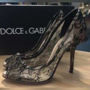 Dolce and Gabbana black lace peep toe pumps